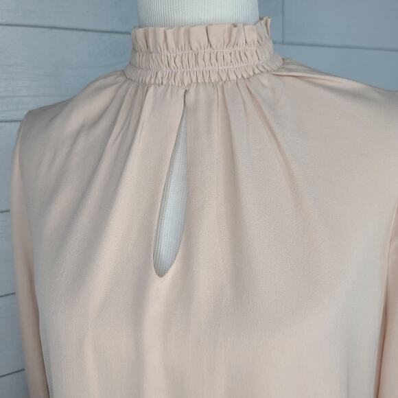 Drew Blouse Pale Pink Peekaboo Mock Neck Top Medium Silk Ruffle Sleeve - Picture 3 of 9